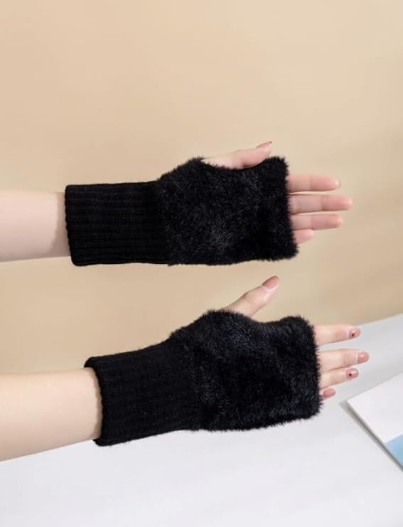 Women's Fingerless Gloves Faux Rabbit Hair Fur Thumb Hole Winter Warm Comfortable Knit Arm Sleeves Winter Accessories Hand Warmer Typing Reading Driving Gloves