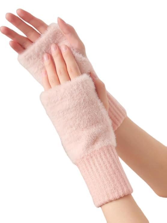 Women's Fingerless Gloves Faux Rabbit Hair Fur Thumb Hole Winter Warm Comfortable Knit Arm Sleeves Winter Accessories Hand Warmer Typing Reading Driving Gloves