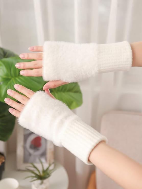 Women's Fingerless Gloves Faux Rabbit Hair Fur Thumb Hole Winter Warm Comfortable Knit Arm Sleeves Winter Accessories Hand Warmer Typing Reading Driving Gloves