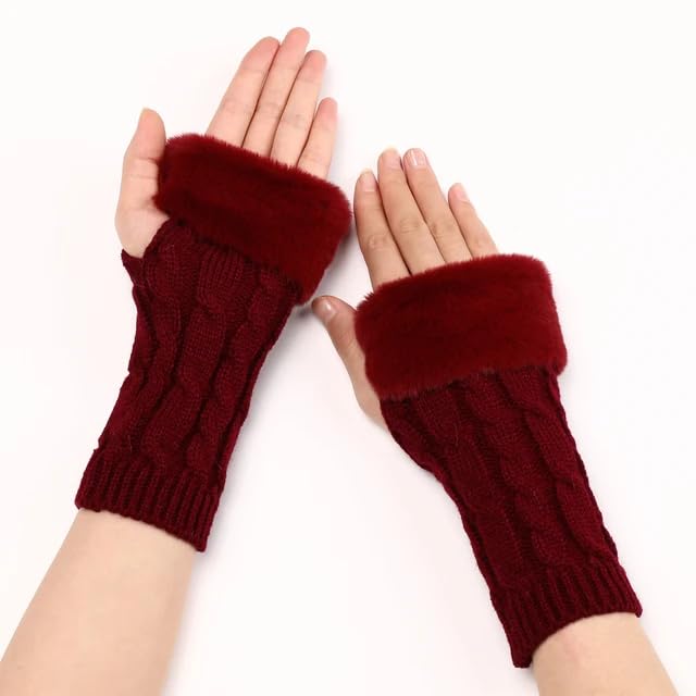 Women Long Extended Arm Sleeves Self Design Knitted Woolen Warm Soft Comfortable Fingerless Fur Gloves Winter Accessories Hand Warmer for Girls