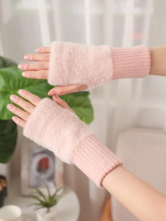 Women's Fingerless Gloves Faux Rabbit Hair Fur Thumb Hole Winter Warm Comfortable Knit Arm Sleeves Winter Accessories Hand Warmer Typing Reading Driving Gloves