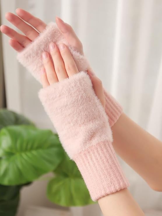 Women's Fingerless Gloves Faux Rabbit Hair Fur Thumb Hole Winter Warm Comfortable Knit Arm Sleeves Winter Accessories Hand Warmer Typing Reading Driving Gloves