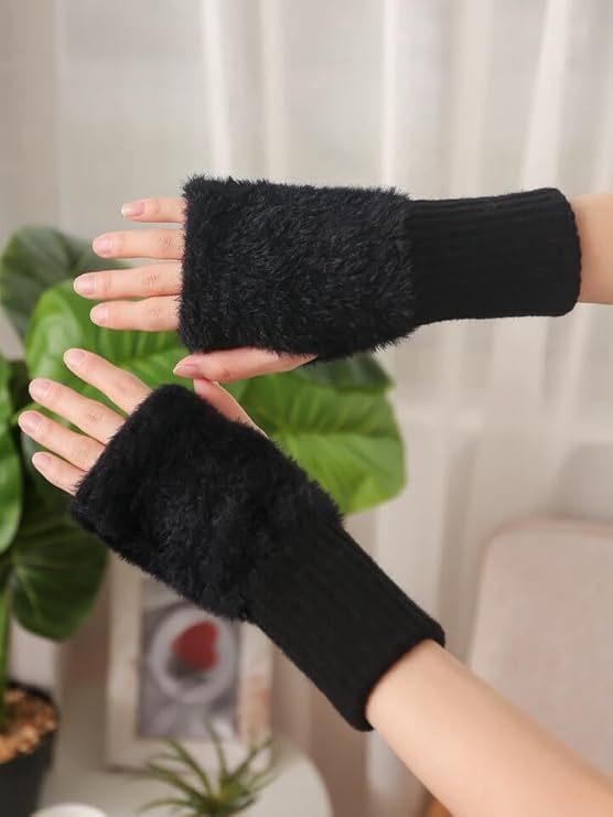 Women's Fingerless Gloves Faux Rabbit Hair Fur Thumb Hole Winter Warm Comfortable Knit Arm Sleeves Winter Accessories Hand Warmer Typing Reading Driving Gloves