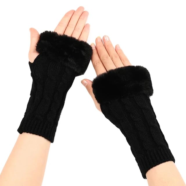 Women Long Extended Arm Sleeves Self Design Knitted Woolen Warm Soft Comfortable Fingerless Fur Gloves Winter Accessories Hand Warmer for Girls