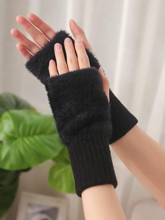 Women's Fingerless Gloves Faux Rabbit Hair Fur Thumb Hole Winter Warm Comfortable Knit Arm Sleeves Winter Accessories Hand Warmer Typing Reading Driving Gloves