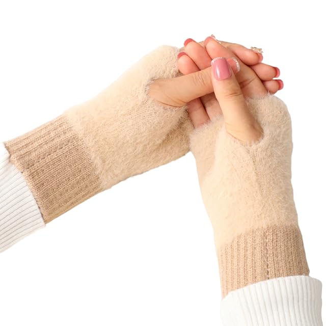 Women's Fingerless Gloves Faux Rabbit Hair Fur Thumb Hole Winter Warm Comfortable Knit Arm Sleeves Winter Accessories Hand Warmer Typing Reading Driving Gloves