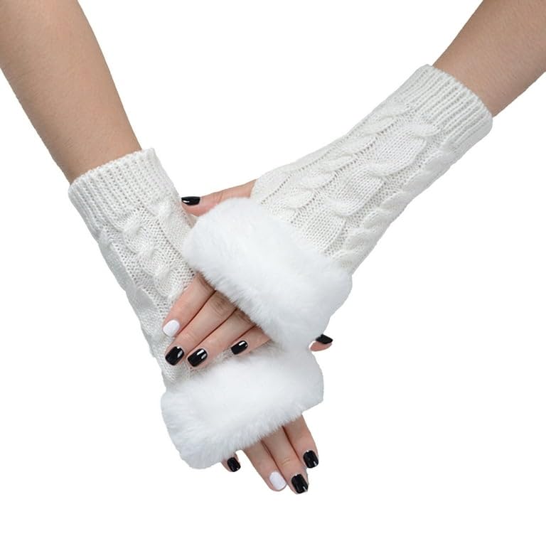 Women Long Extended Arm Sleeves Self Design Knitted Woolen Warm Soft Comfortable Fingerless Fur Gloves Winter Accessories Hand Warmer for Girls