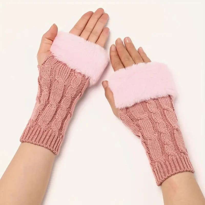 Women Long Extended Arm Sleeves Self Design Knitted Woolen Warm Soft Comfortable Fingerless Fur Gloves Winter Accessories Hand Warmer for Girls