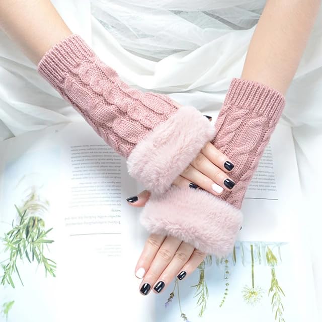Women Long Extended Arm Sleeves Self Design Knitted Woolen Warm Soft Comfortable Fingerless Fur Gloves Winter Accessories Hand Warmer for Girls