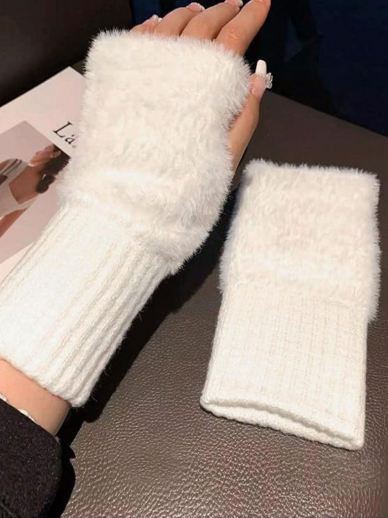 Women's Fingerless Gloves Faux Rabbit Hair Fur Thumb Hole Winter Warm Comfortable Knit Arm Sleeves Winter Accessories Hand Warmer Typing Reading Driving Gloves