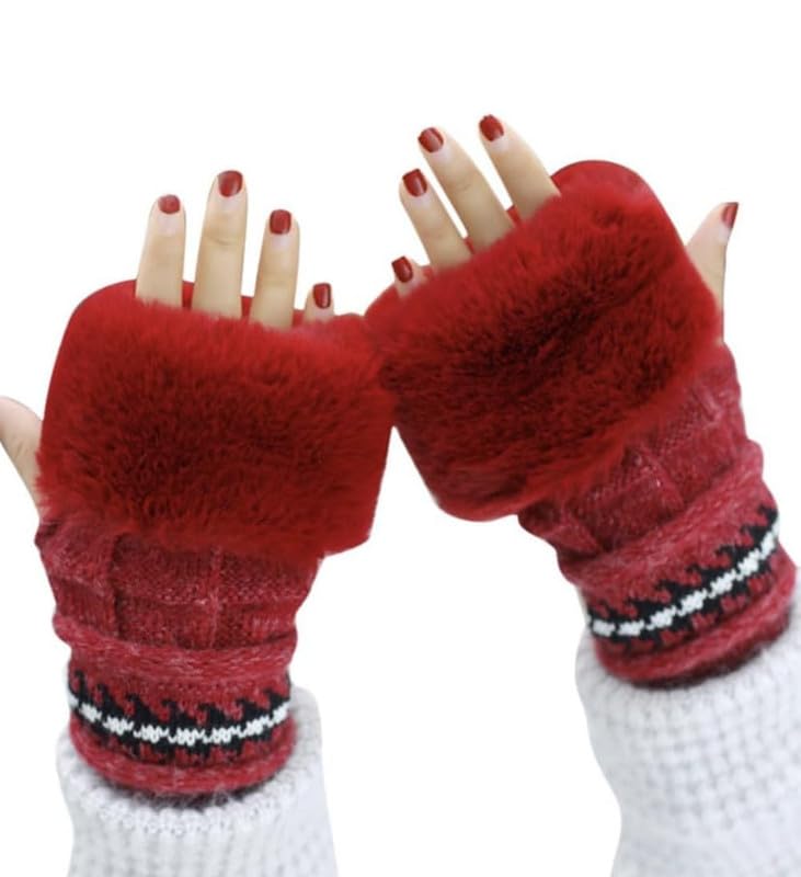 Girls Winter Gloves with Touch Screen Finger for Women Woolen warm Rabbit Fur Gloves Mittens | Soft Fleece Windproof Mobile Screen Touch Hand Gloves (Freesize)
