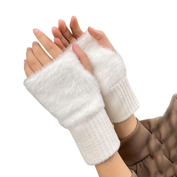 Women's Fingerless Gloves Faux Rabbit Hair Fur Thumb Hole Winter Warm Comfortable Knit Arm Sleeves Winter Accessories Hand Warmer Typing Reading Driving Gloves