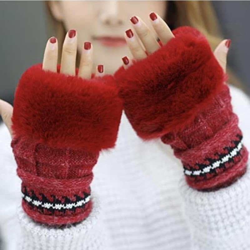 Girls Winter Gloves with Touch Screen Finger for Women Woolen warm Rabbit Fur Gloves Mittens | Soft Fleece Windproof Mobile Screen Touch Hand Gloves (Freesize)