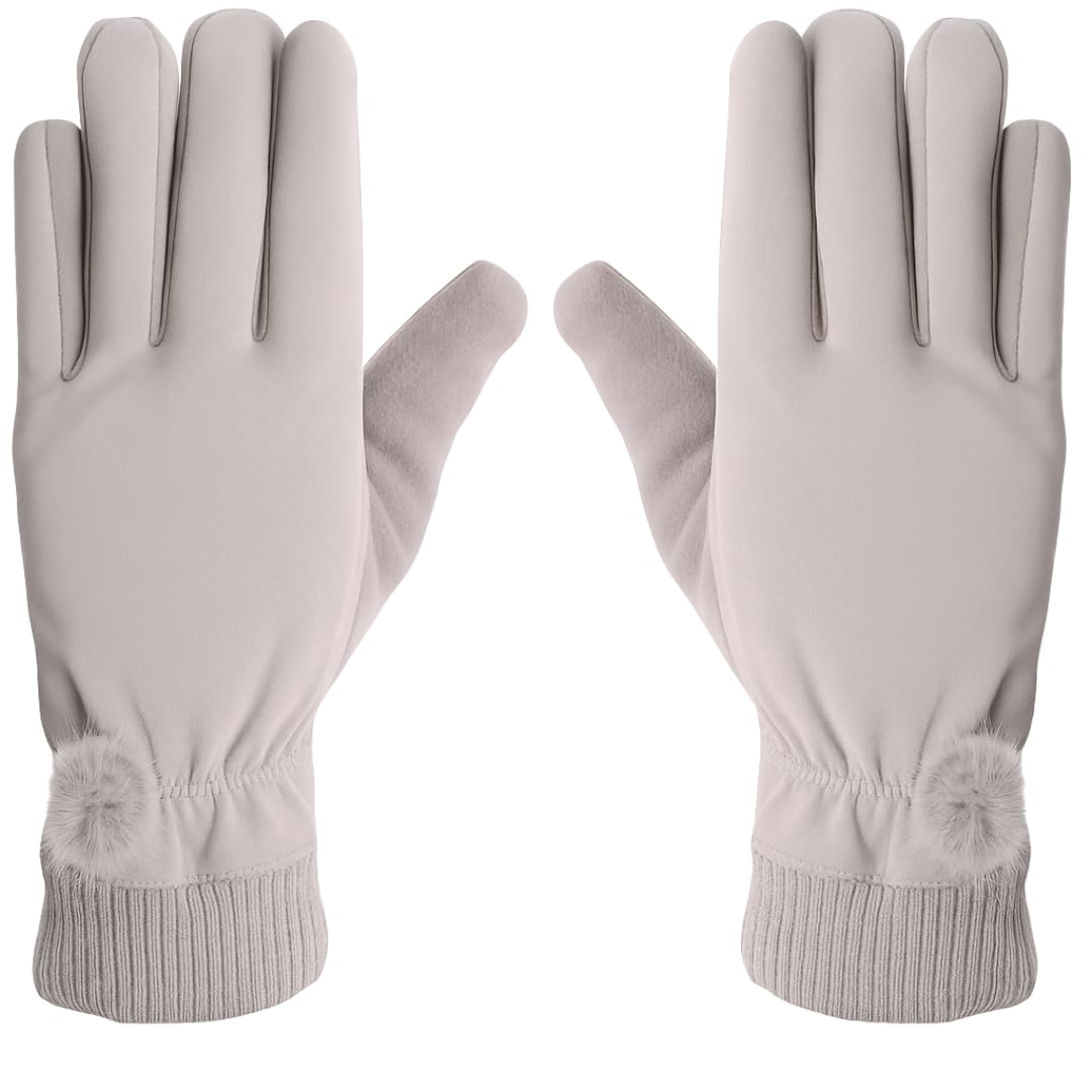 Waterproof Touch Screen Women Gloves Fur Inside for Snow, Trekking, Riding, Excersise etc. with Elastc Cuff for Women (Grey)