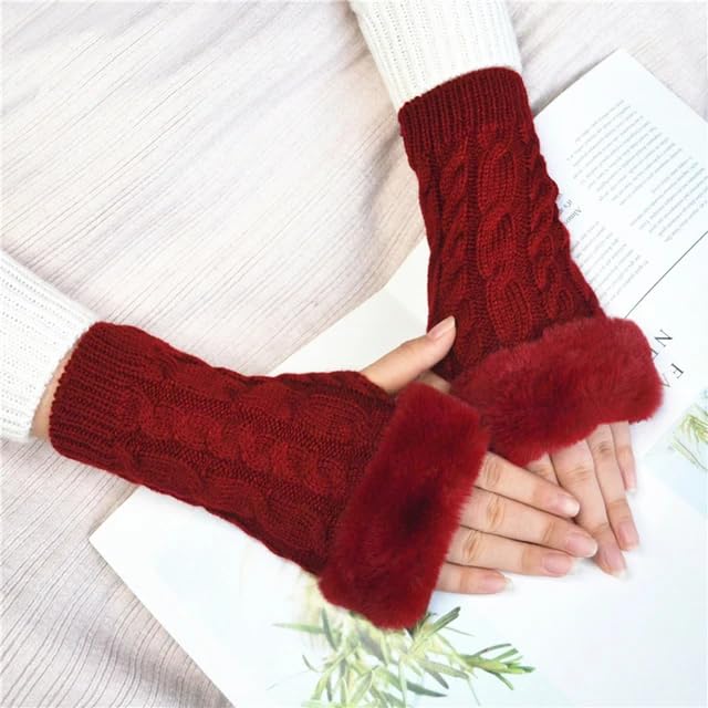 Women Long Extended Arm Sleeves Self Design Knitted Woolen Warm Soft Comfortable Fingerless Fur Gloves Winter Accessories Hand Warmer for Girls
