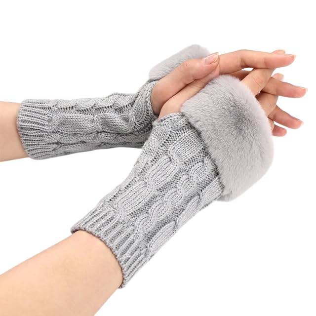 Women Long Extended Arm Sleeves Self Design Knitted Woolen Warm Soft Comfortable Fingerless Fur Gloves Winter Accessories Hand Warmer for Girls