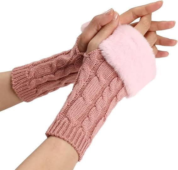 Women Long Extended Arm Sleeves Self Design Knitted Woolen Warm Soft Comfortable Fingerless Fur Gloves Winter Accessories Hand Warmer for Girls