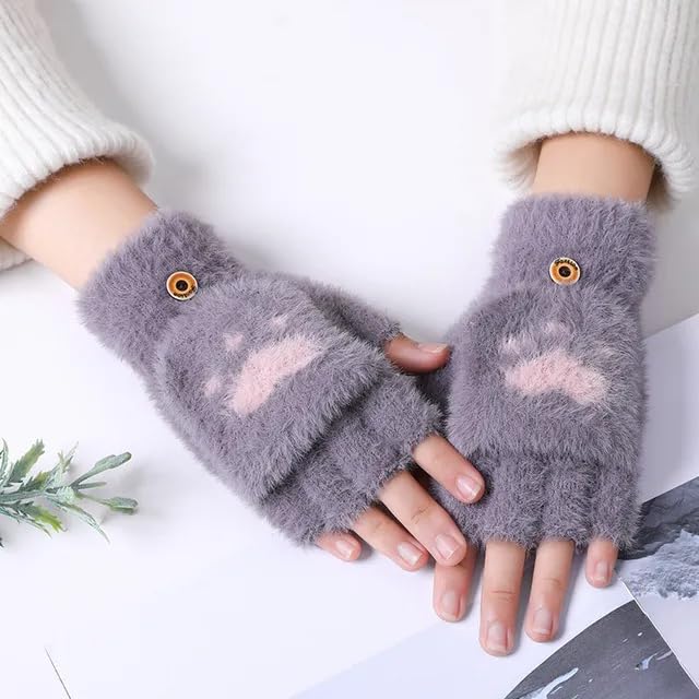 Girls Winter Gloves with Touch Screen Finger for Women Woolen warm Rabbit Fur Gloves Mittens | Soft Fleece Windproof Mobile Screen Touch Hand Gloves (Freesize)