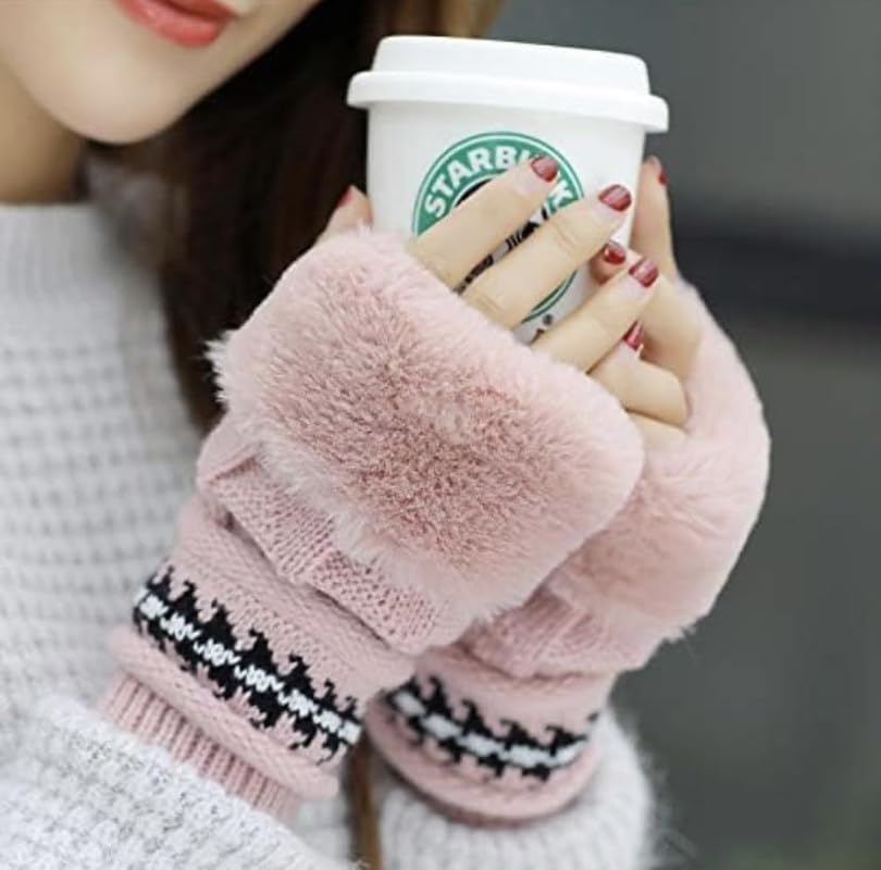 Girls Winter Gloves with Touch Screen Finger for Women Woolen warm Rabbit Fur Gloves Mittens | Soft Fleece Windproof Mobile Screen Touch Hand Gloves (Freesize)