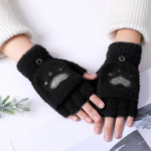 Girls Winter Gloves with Touch Screen Finger for Women Woolen warm Rabbit Fur Gloves Mittens | Soft Fleece Windproof Mobile Screen Touch Hand Gloves (Freesize)