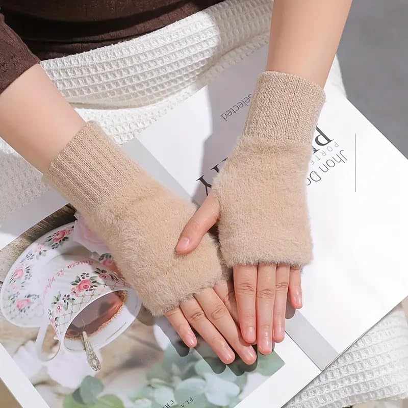 Women's Fingerless Gloves Faux Rabbit Hair Fur Thumb Hole Winter Warm Comfortable Knit Arm Sleeves Winter Accessories Hand Warmer Typing Reading Driving Gloves