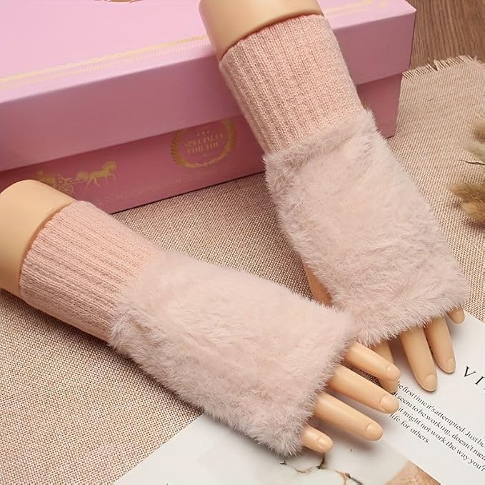 Women's Fingerless Gloves Faux Rabbit Hair Fur Thumb Hole Winter Warm Comfortable Knit Arm Sleeves Winter Accessories Hand Warmer Typing Reading Driving Gloves