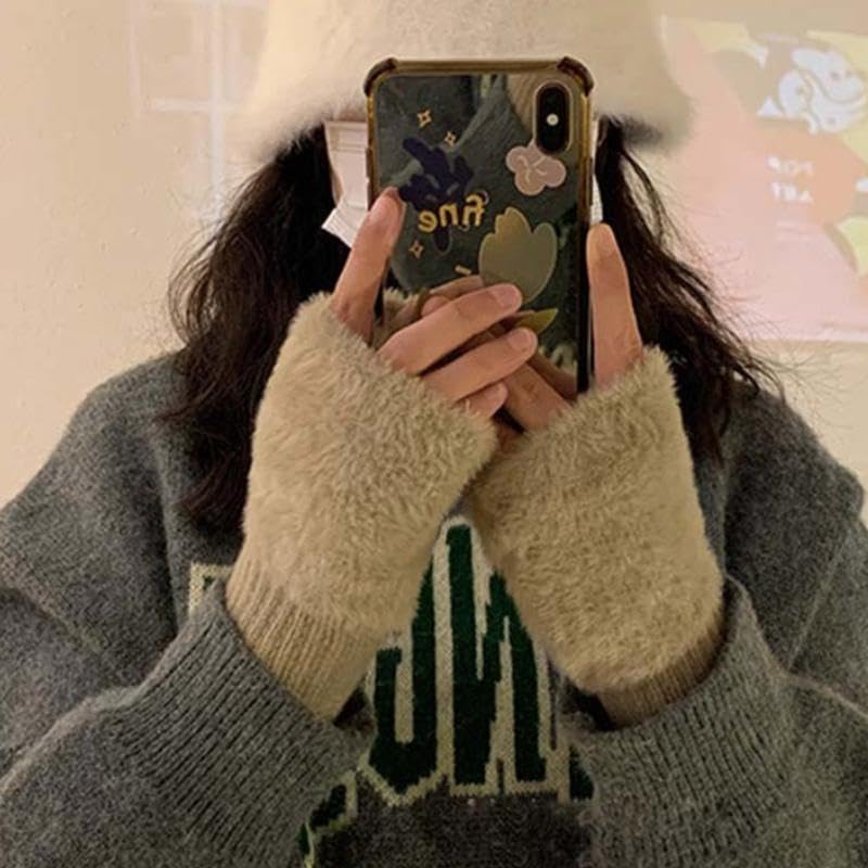 Women's Fingerless Gloves Faux Rabbit Hair Fur Thumb Hole Winter Warm Comfortable Knit Arm Sleeves Winter Accessories Hand Warmer Typing Reading Driving Gloves