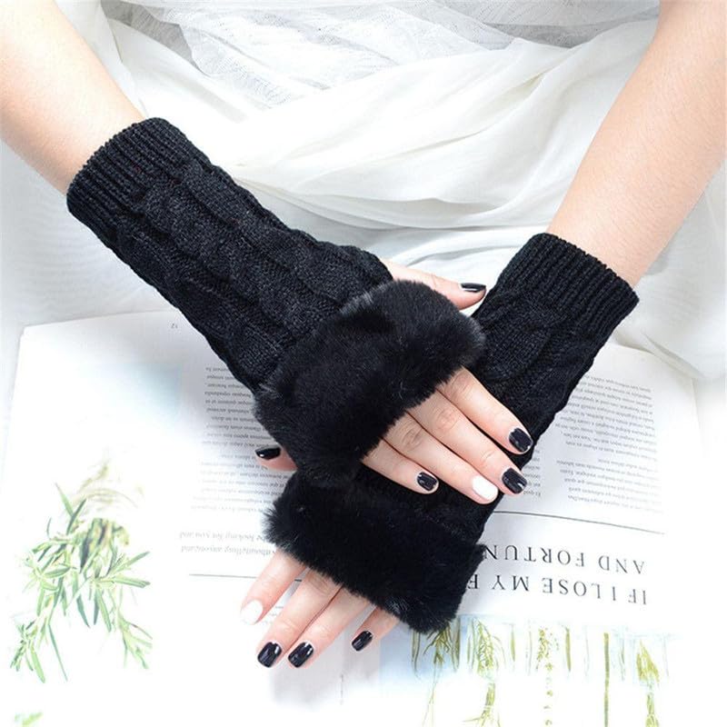 Women Long Extended Arm Sleeves Self Design Knitted Woolen Warm Soft Comfortable Fingerless Fur Gloves Winter Accessories Hand Warmer for Girls