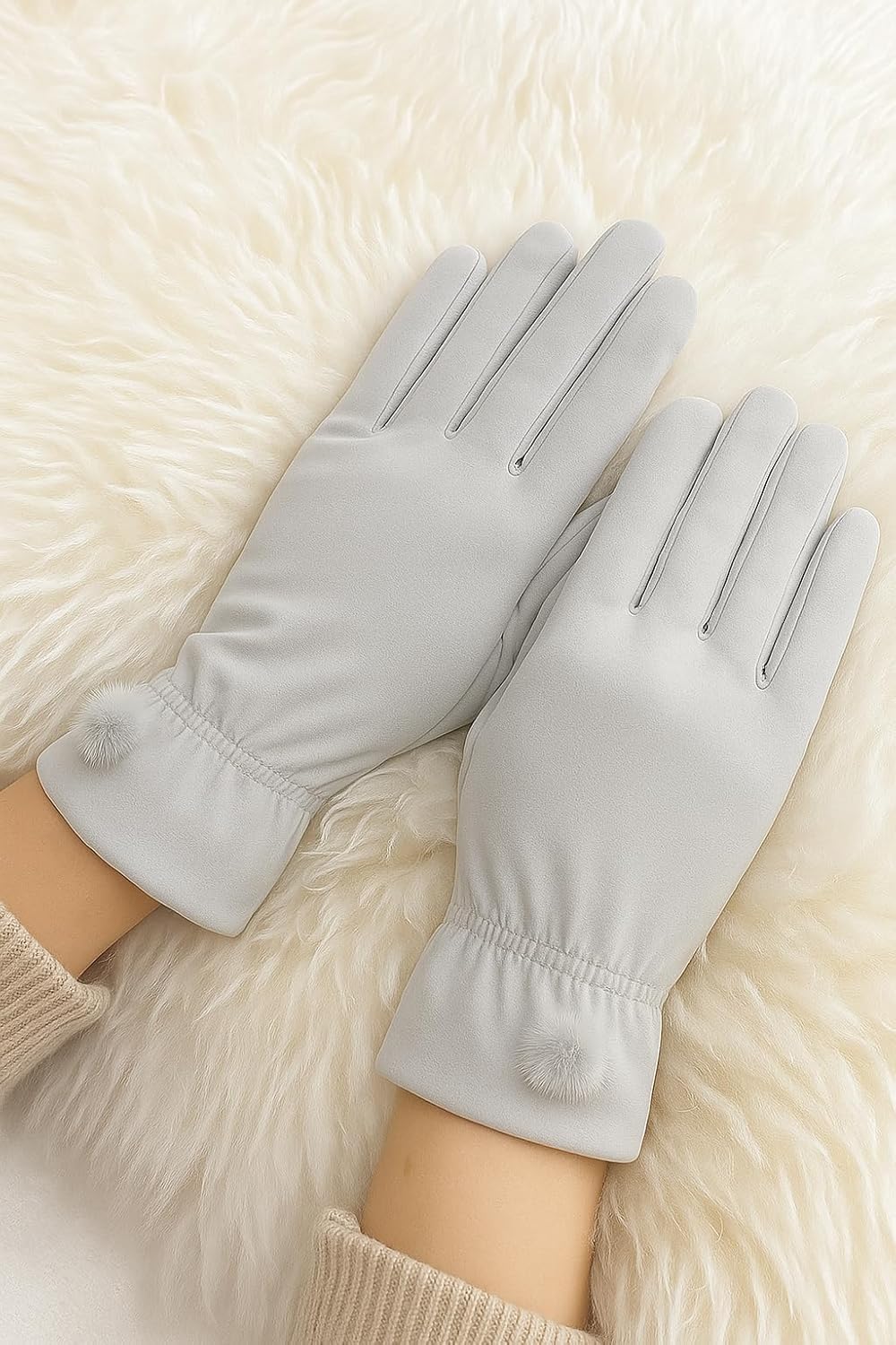 Waterproof Touch Screen Women Gloves Fur Inside for Snow, Trekking, Riding, Excersise etc. with Elastc Cuff for Women (Grey)