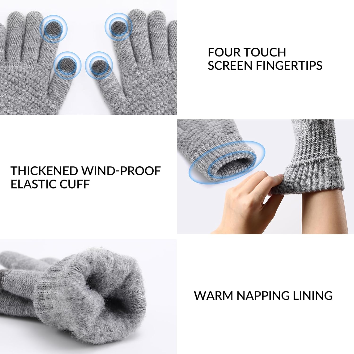 4 Pairs Winter Gloves - Winter Gloves Women Gloves for Women Cold Weather, Winter Gloves with Elastic Cuff Knit