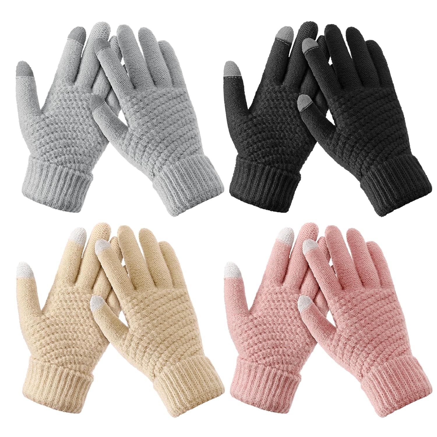 4 Pairs Winter Gloves - Winter Gloves Women Gloves for Women Cold Weather, Winter Gloves with Elastic Cuff Knit